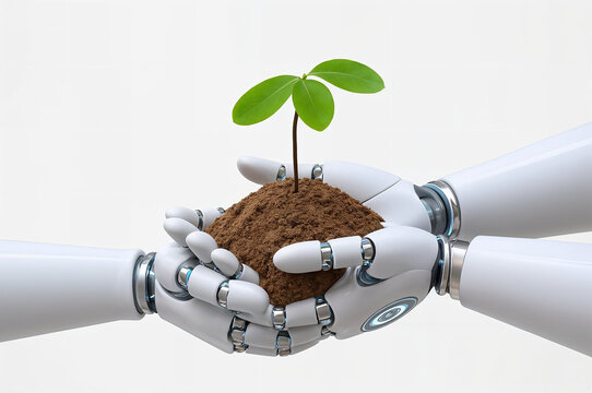 AI robotic hands volunteer to plant young plants growing from soil.