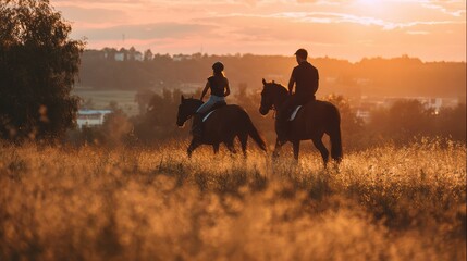 Young people riding horses doing excursion at sunset - Wild couple having fun in equestrian tour. - Training, culture, passion, healthy lifestyle, sport concept, no logos, no brands