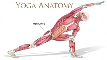 Yoga Anatomy Visualization: Detailed illustration of a yoga pose showcases the human musculature, offering a clear visual guide for understanding body movements during practice. 