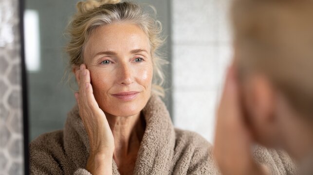 Attractive mid age older adult 50 years old blonde woman wears bathrobe in bathroom applying nourishing antiage face skin care cream treatment, looking at mirror doing daily morning beauty routine., 
