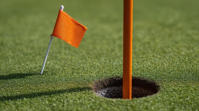 game, entertainment, sport and leisure concept - close up of flag mark in hole on golf field, no logos, no brands