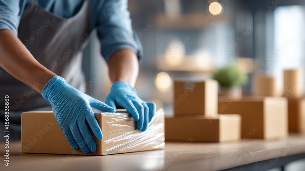 Poster moving truck with packed boxes. person wrapping a package in a modern workspace with boxes in backgr