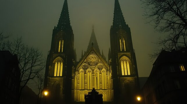 Majestic Gothic Cathedral with Illuminated Spires in Soft Light