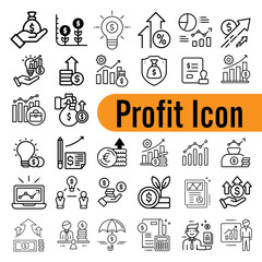 Profit icons, illustrating financial growth, investment, money, success, goal achievement and progress in business icons set vector illustration