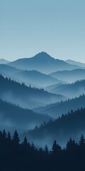 Misty Blue Mountains: Serene Landscape of Rolling Hills and Foggy Peaks