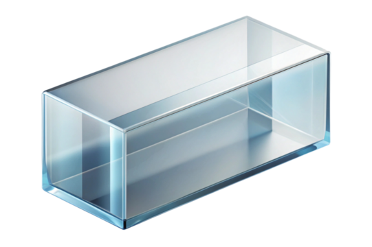 Clear glass rectangular prism object with smooth edges isolated on transparent background