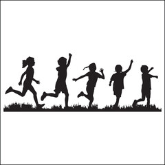 Silhouette of Children Running and Playing in a Field of Grass Together