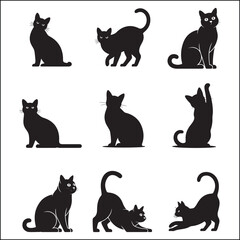 Collection of Black Cat Silhouettes in Various Poses on a White Background