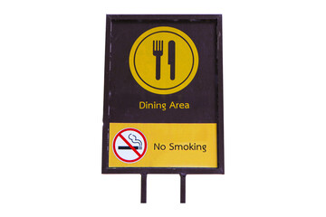 Sign old symbolize dark brown plastic with red letters Dining Area and No Smoking isolated on...
