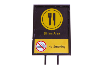 Sign old symbolize dark brown plastic with red letters Dining Area and No Smoking isolated on cutout PNG or transparent background Symbol notifying people to service in restaurants. Symbol logo.