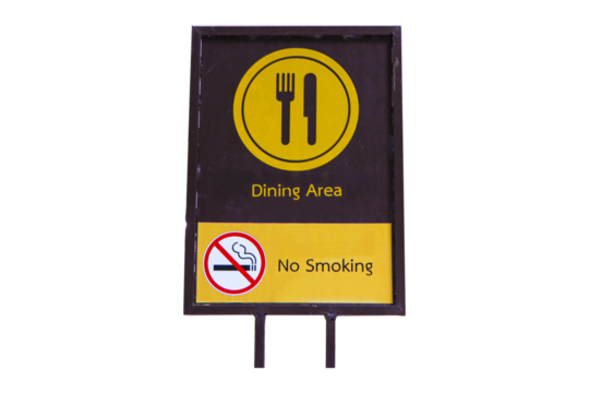 Sign old symbolize dark brown plastic with red letters Dining Area and No Smoking isolated on cutout PNG or transparent background Symbol notifying people to service in restaurants. Symbol logo. - Powered by Adobe