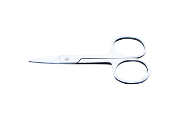 Stainless Scissors small isolated on cutout PNG or transparent background. Equipment for cutting mustaches and hair. Small stainless steel scissors or small scissors made of stainless steel. 