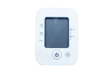 Medical equipment. Old upper arm Blood Pressure Monitor small at home with high indicators of blood pressure isolated on cutout PNG or transparent background. 