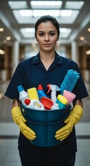 Cleaning Woman Standing Inside a Building Holding a Bucket Filled with Chemicals and Tidying Facilities, vertical orientation.