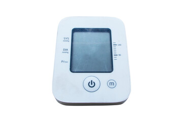 Old upper arm Blood Pressure Monitor small at home with high indicators of blood pressure isolated on cutout PNG or transparent background. Medical Technology equipment.