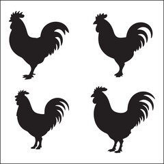 Four Rooster Silhouettes in Black and White Farm Animal Illustrations
