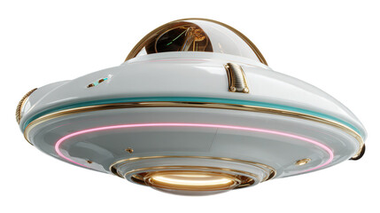 Retro-Futuristic 3D Render of a Sleek Flying Saucer with Polished Chrome Finish and Vintage Sci-Fi Aesthetic.