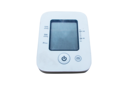 Old upper arm Blood Pressure Monitor small at home with high indicators of blood pressure isolated on cutout PNG or transparent background. Medical Technology equipment.