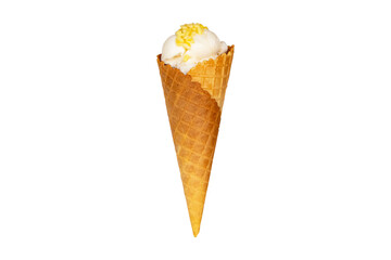 Yummy ice cream fresh coconut milk or vanilla with soybean topping in brown crispy waffle cone isolated on cutout PNG or transparent background.