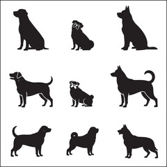Collection of Dog Breed Silhouettes in Black and White for Graphic Design Projects