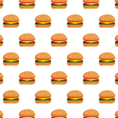 Seamless Pattern of a Cheese Burger or Hamburger. Burger seamless pattern background. Ideal for restaurant decor,  menus, digital design, food packaging, textile prints,  and culinary branding.
