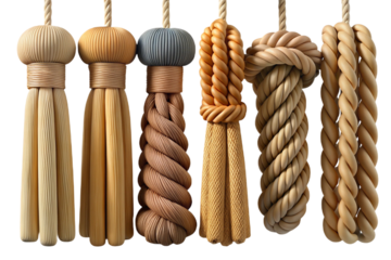 Collection of decorative rope tassels with different textures and knots isolated on transparent background
