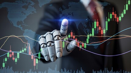 Robotic hand interacting with financial market data finance technology