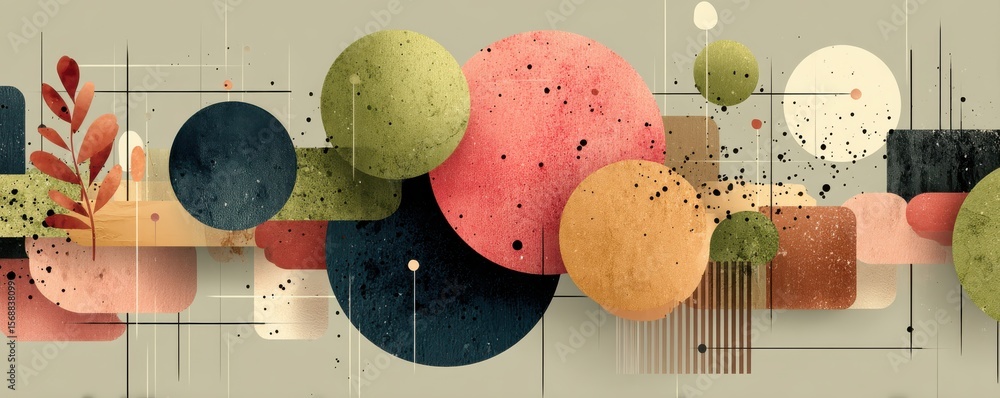 Poster abstract geometric art with colorful circles and shapes on light background