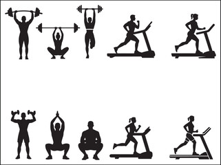 Silhouettes of People Exercising with Weights and Running on Treadmills for Fitness