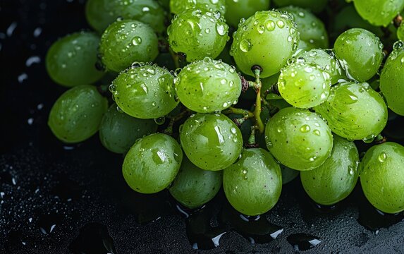 Close-up of fresh green grapes with water droplets