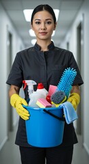 Cleaning Woman Standing Inside a Building Holding a Bucket Filled with Chemicals and Tidying Facilities, vertical orientation.