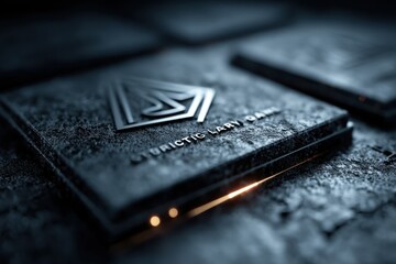 Professional metallic logo design on a textured background with lighting effects