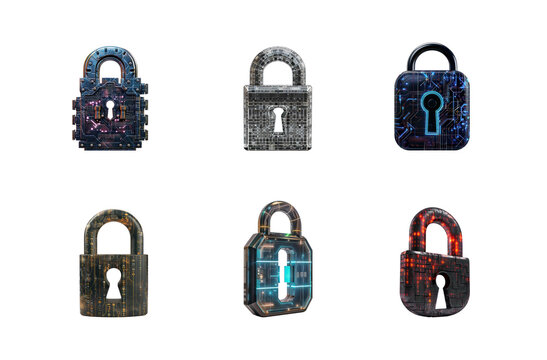 Collection of Modern Digital Lock Big data with encrypted computer code side view isolate on transparency background