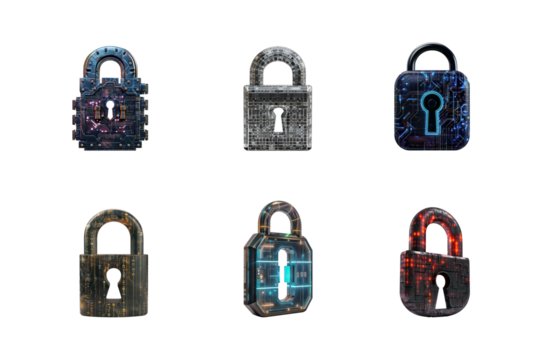 Collection of Modern Digital Lock Big data with encrypted computer code side view isolate on transparency background