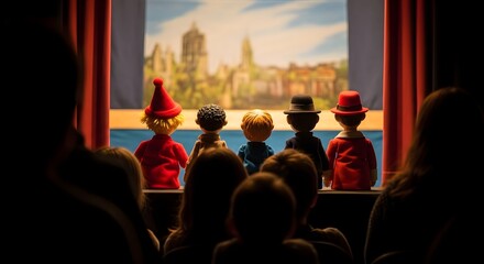 Puppet Show Audience Watches Colorful Puppets Perform on Stage with Painted Backdrop