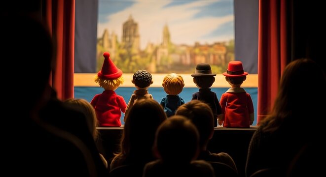 Puppet Show Audience Watches Colorful Puppets Perform on Stage with Painted Backdrop