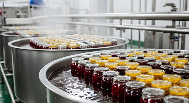 Jam jars cooling in water baths during food processing at a factory