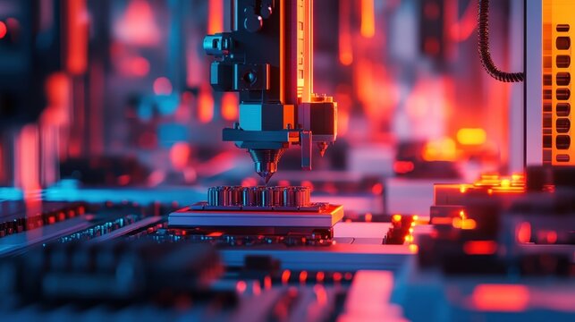 A vibrant photo of multiple CNC machines working in sync on various projects. - Powered by Adobe