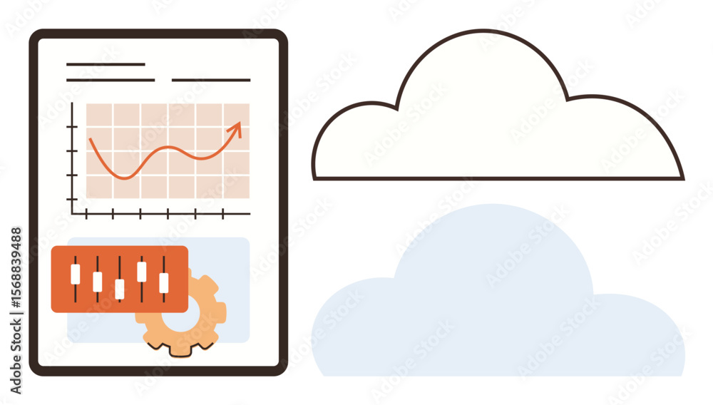 Poster graph and chart display, gear icon, control sliders, and cloud symbols represent data analysis, clou