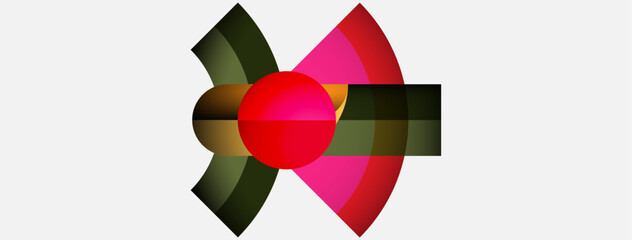 Obraz premium Abstract geometric design. Red sphere intersects pink, green shapes. White background creates strong contrast. Modern, vibrant composition.