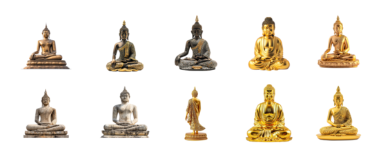 Collection of Buddha status front view isolate on transparency background
