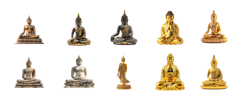 Collection of Buddha status front view isolate on transparency background