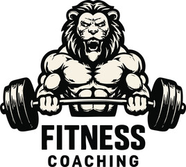 Lion Fitness Coaching Logo – Muscular Mascot Lifting Barbell for Gym, Strength, and Personal Training Branding