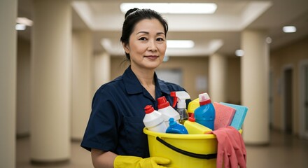 Cleaning Woman Standing Inside a Building Holding a Bucket Filled with Chemicals and Tidying Facilities