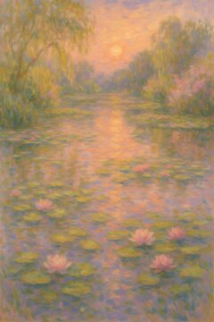 Sunset Water Lily Pond with Reflections in Impressionist Painting Style