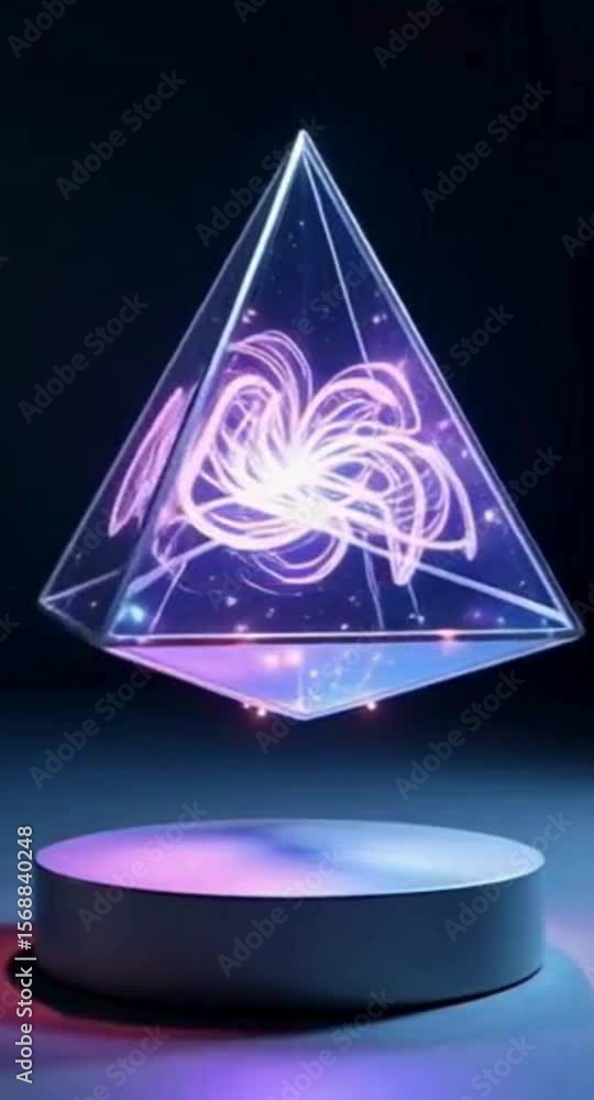 Poster futuristic crystal pyramid with glowing abstract design on a circular platform in a dark room