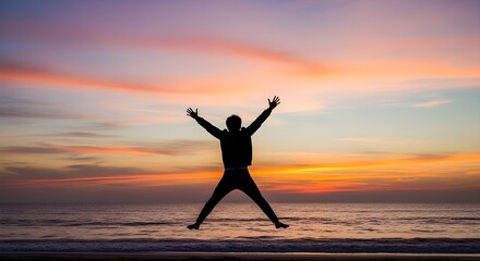 Silhouette of a joyful man jumping on the beach at sunset with arms raised