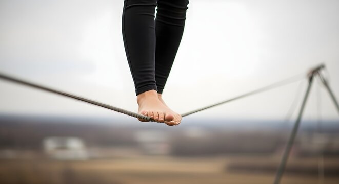 Barefoot Balance: Woman's Feet on Tightrope Against Blurred Landscape