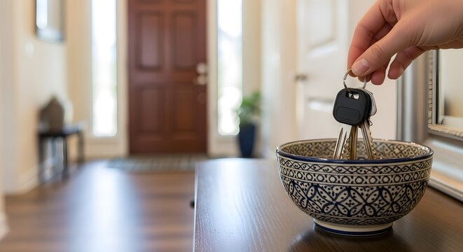 Hand holding keys above decorative bowl in bright, modern home entryway