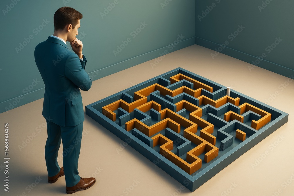 Poster Businessman in teal suit analyzing abstract maze on light background, symbolizing strategic decision-making and problem-solving in business.